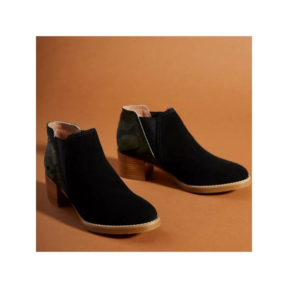All Black Ankle Boots Black Suede‎ Camo Calf Hair Block Heel Booties Size 38.5
